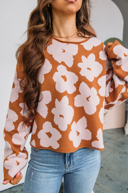 Floral Pattern Crew Neck Long Sleeve Loose Sweater | Brown