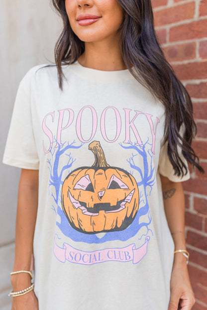 Spooky Pumpkin Print Round Neck Halloween T Shirt | White