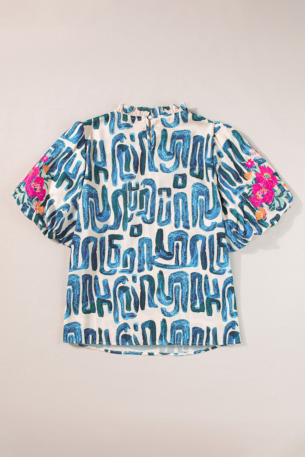 Plus Size Abstract Print Floral Embroidered Puff Sleeve Blouse | Sky Blue Stripe