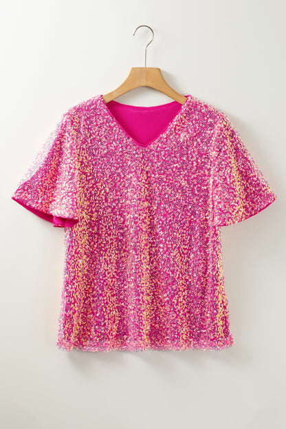 V Neck Wide Sleeve Sequin Top | Bonbon