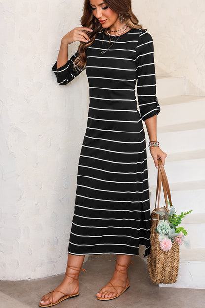 Striped Casual Slit Long Dress | Black