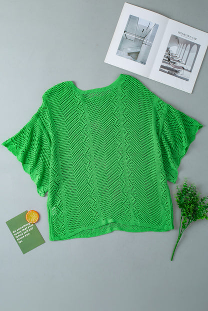 Pointelle Knit Scallop Edge Short Sleeve Top | Green