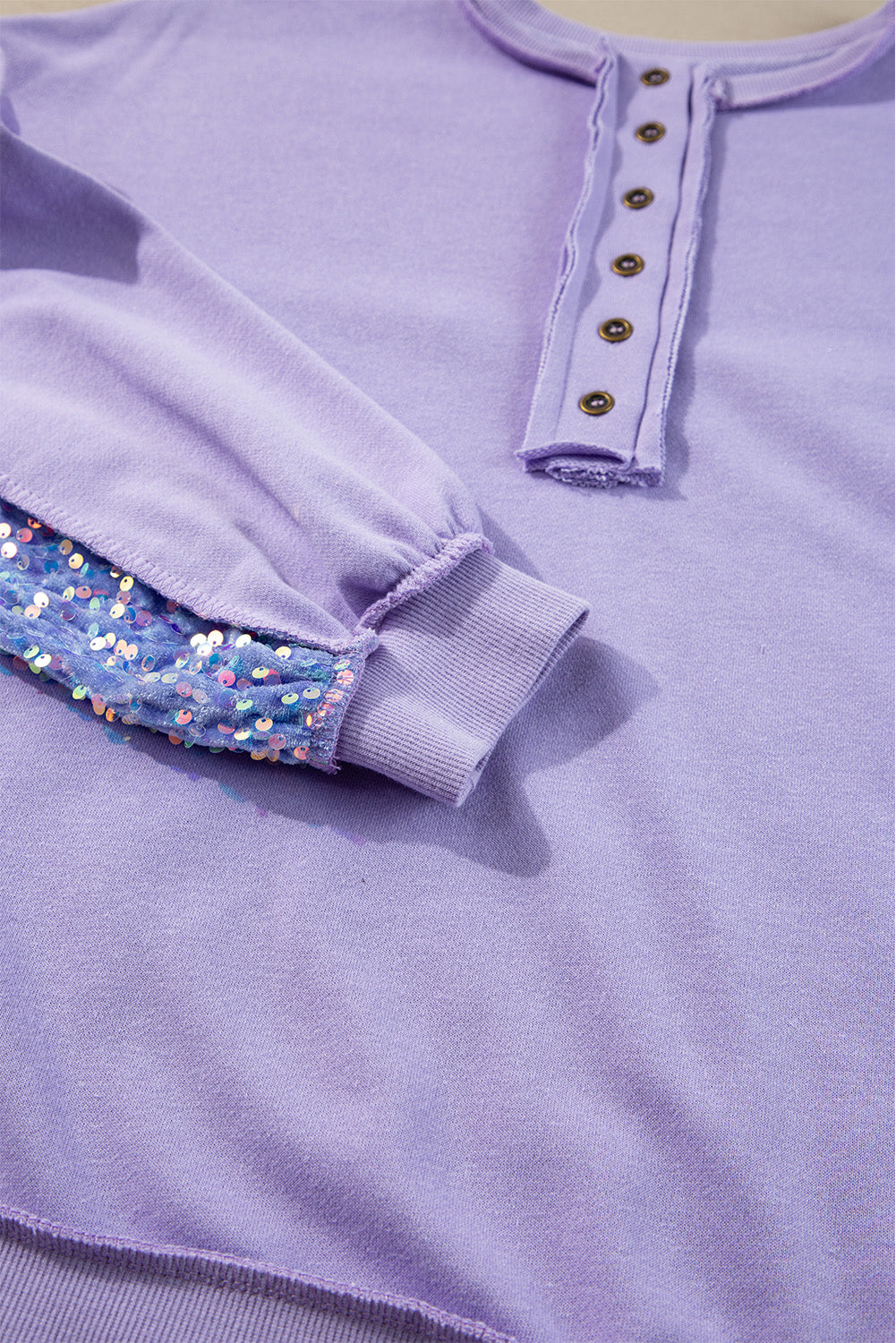 Sequin Patchwork High Low Hem Henley Sweatshirt | Lilac