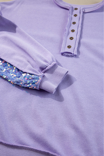 Sequin Patchwork High Low Hem Henley Sweatshirt | Lilac