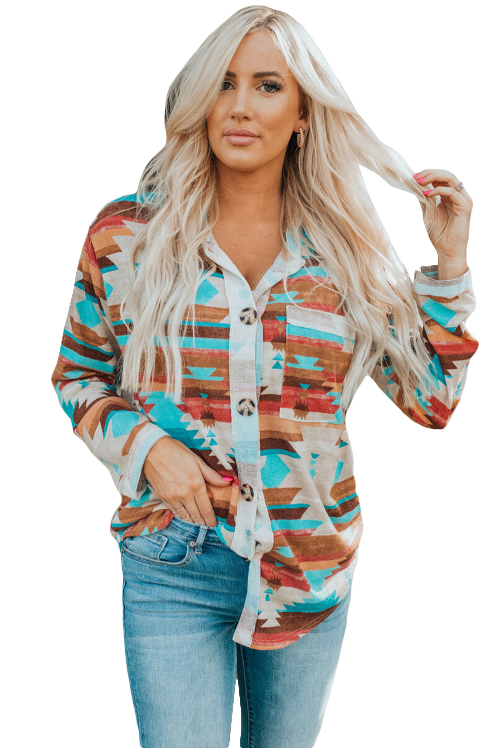 Aztec Print Buttoned Pocket Chest Long Sleeve Shirt | Multicolour