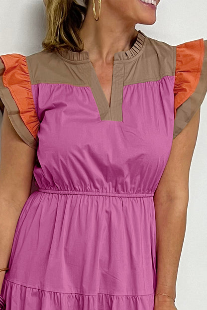 Colour Block Tiered Notched Neck Ruffle Sleeve Dress | Bonbon