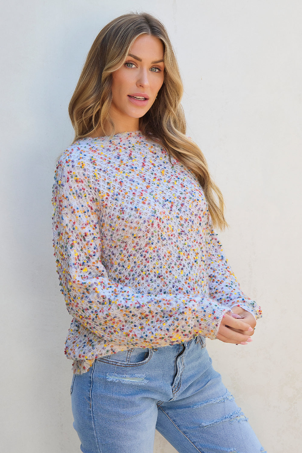 Confetti Knit Popcorn Sweater Top | White