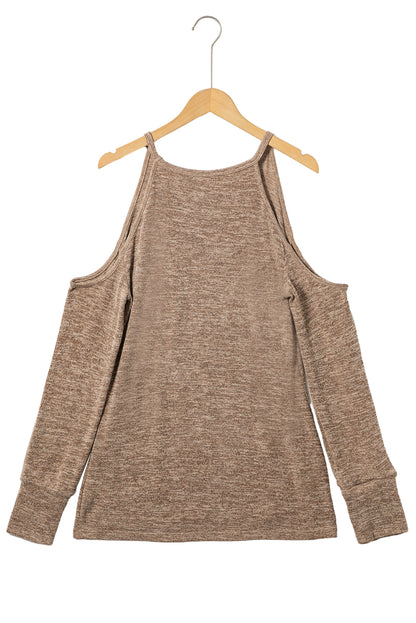 Marble Knit Cold Shoulder Long Sleeve Top | Khaki