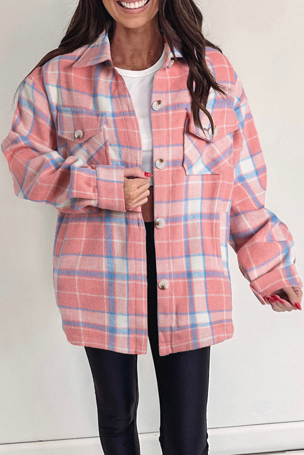 Plaid Flap Pocket Button Up Shacket | Pink