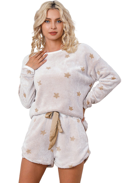 Plush Star Pattern Long Sleeve Pullover And Shorts Lounge Set | White