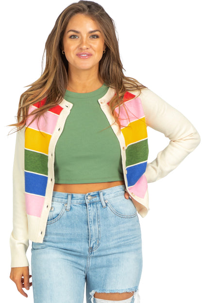 Colourful Pattern Button Front Sweater Cardigan | White Stripe