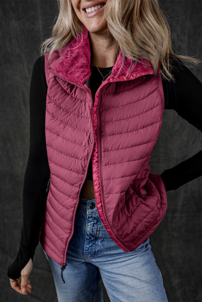 Plush Collared Quilted Zipped Puffer Vest | Burgundy