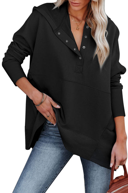 Batwing Sleeve Pocketed Henley Hoodie | Black