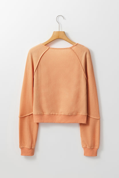 Solid Long Sleeve V Neck Corded Top | Orange