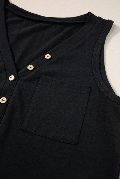 Half Button V Neck Patched Pocket Tank Top | Black