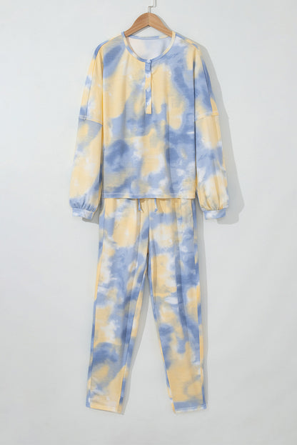 Tie Dye Henley Top And Drawstring Pants Outfit | Multicolour