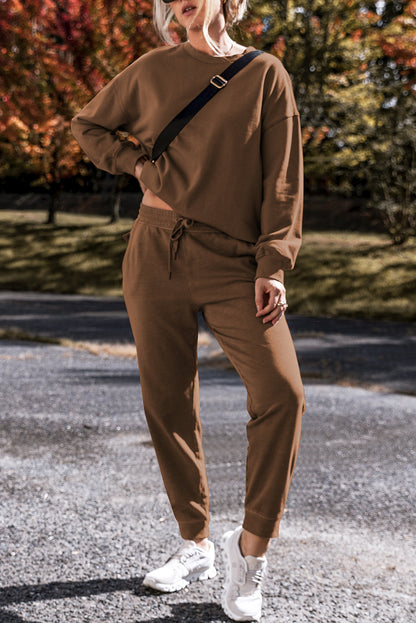 Solid Colour High Low Pullover And Skinny Pants Set | Coffee