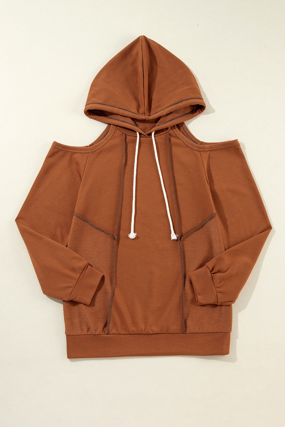 Exposed Seam Cold Shoulder Drawstring Hoodie | Cinnamon