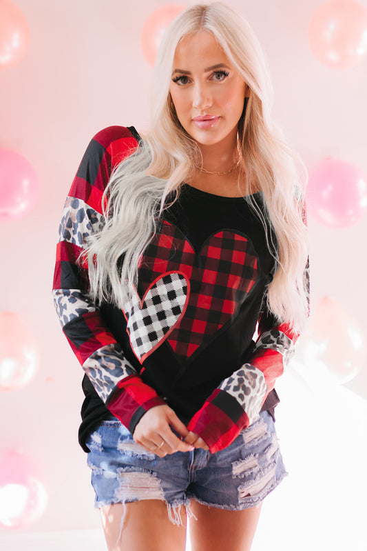 Black Valentines Heart Print Plaid Leopard Joint Sleeve Blouse