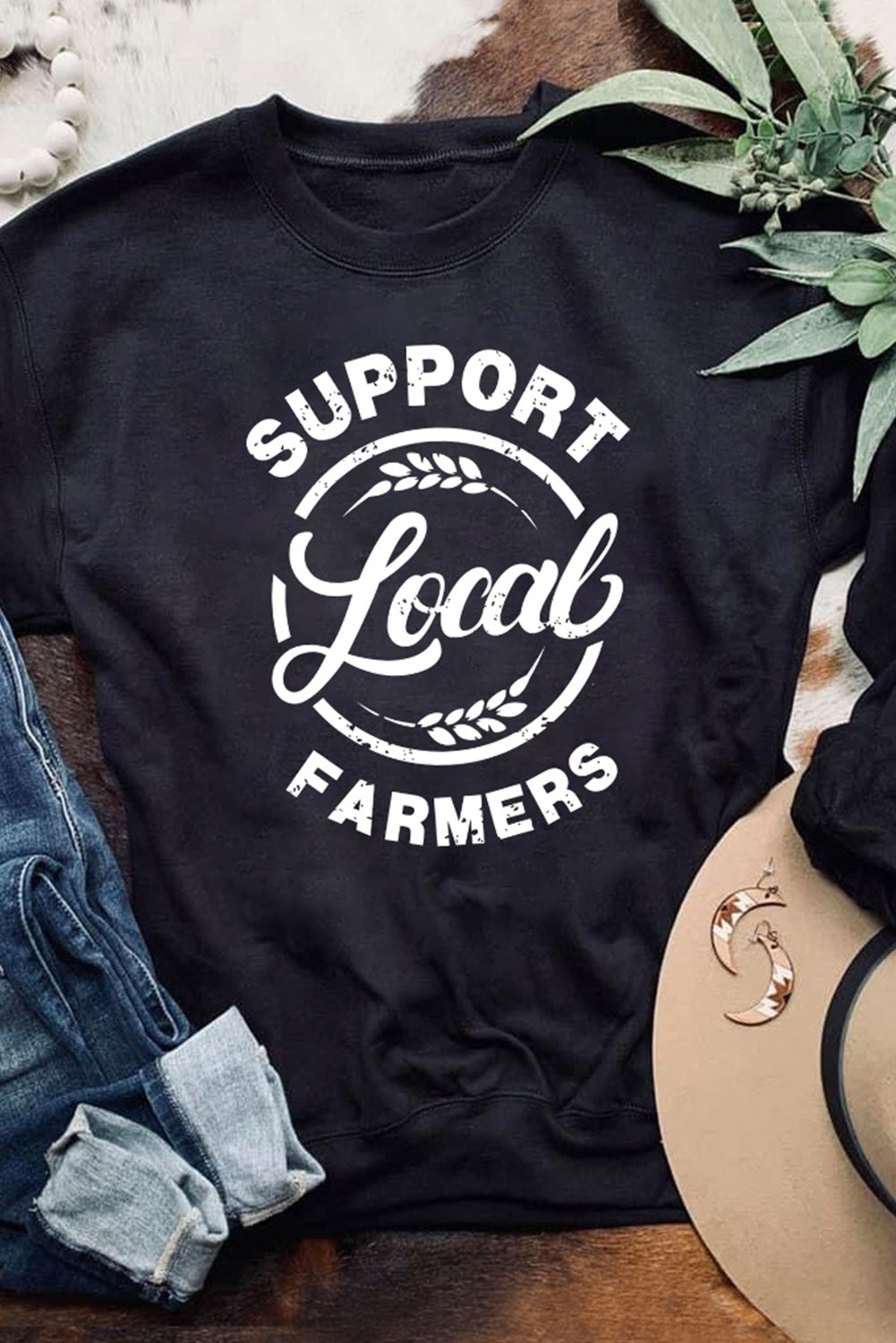 Black Support Local Farmers Print Long Sleeve Sweatshirt