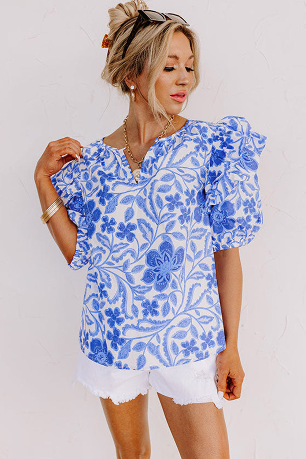 Floral Print Ruffled Bubble Sleeve Blouse | Dark Blue