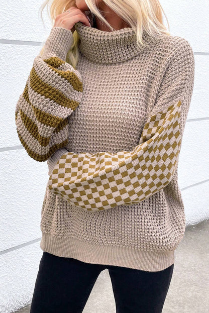 Striped Plaid Patchwork Waffle Knit Turtleneck Sweater | Smoke Gray