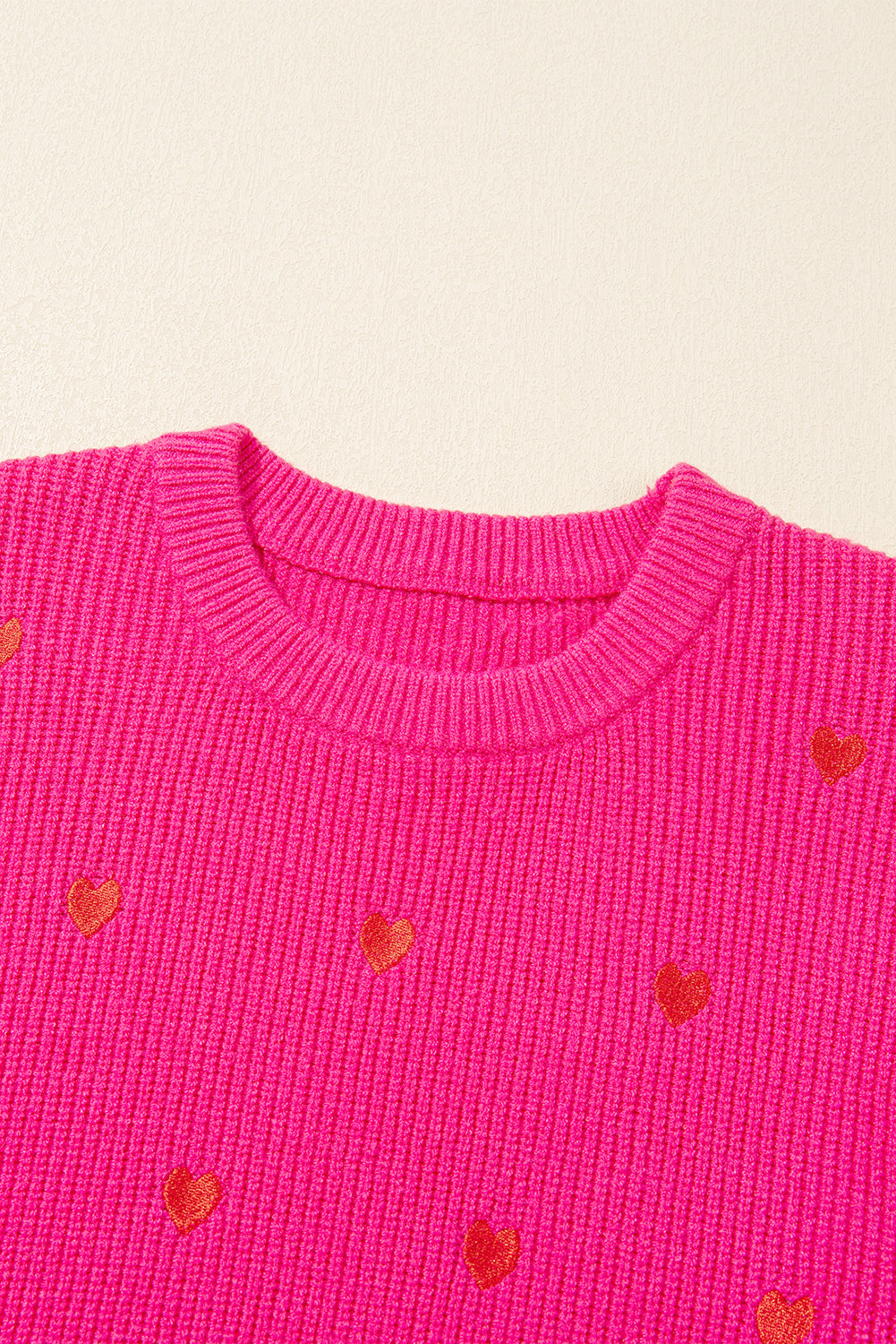 Heart Shape Drop Shoulder Round Neck Sweater | Rose Red