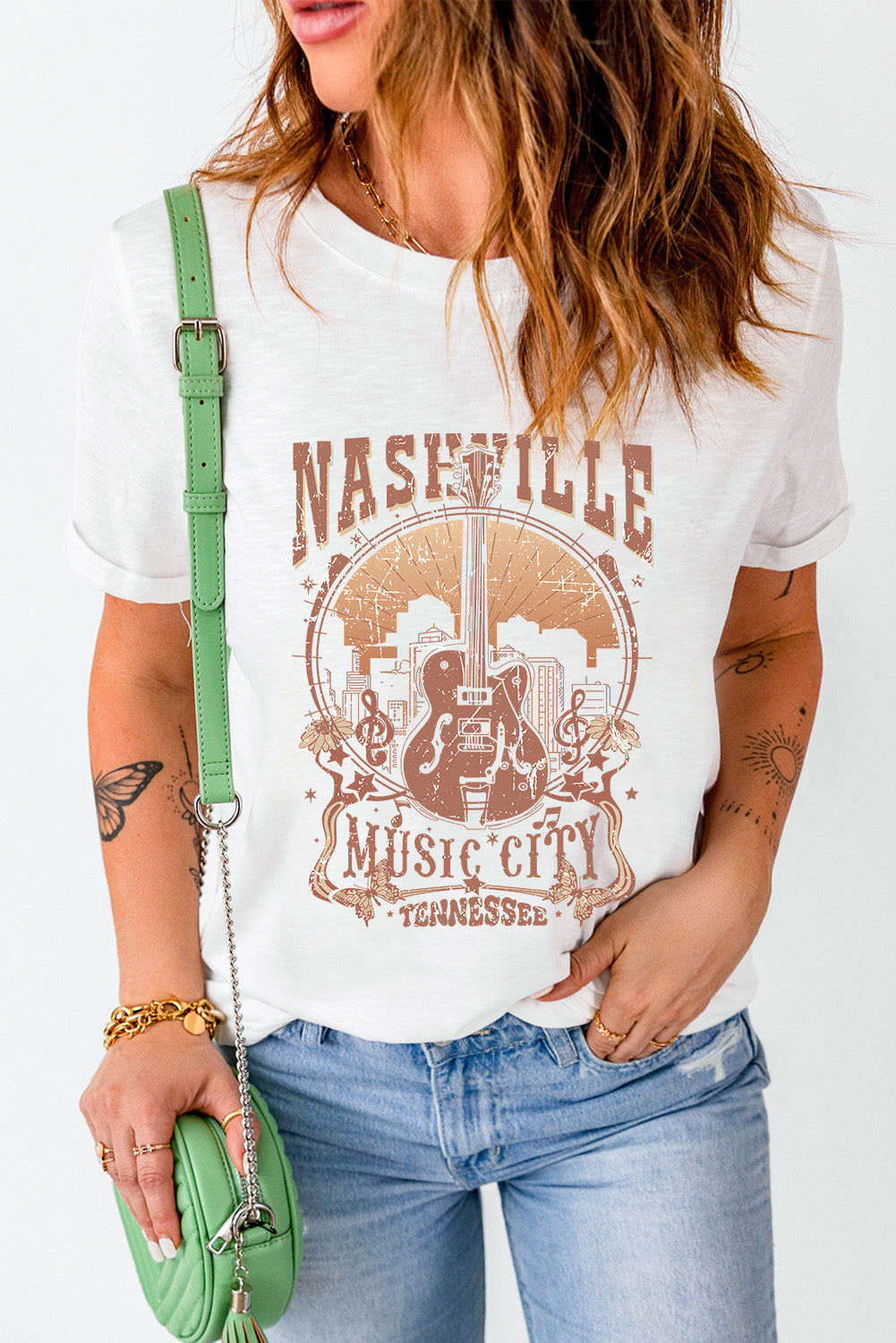 Vintage Nashville Music City Crewneck Graphic T Shirt | White