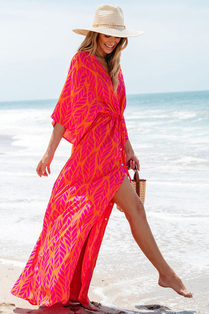 Leafy Print 3/4 Sleeve V Neck Buttoned Split Maxi Dress | Orange