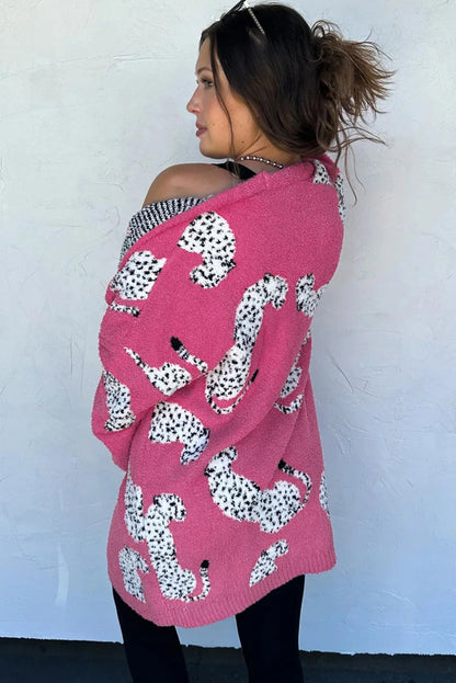 Cheetah Pattern Open Front Knitted Cardigan | Rose Red