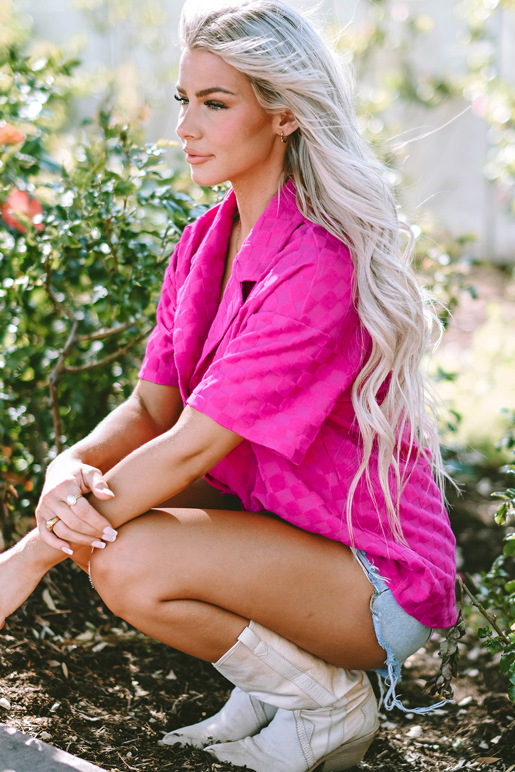 Lapel Neck Checkered Textured Short Sleeve Shirt | Bright Pink