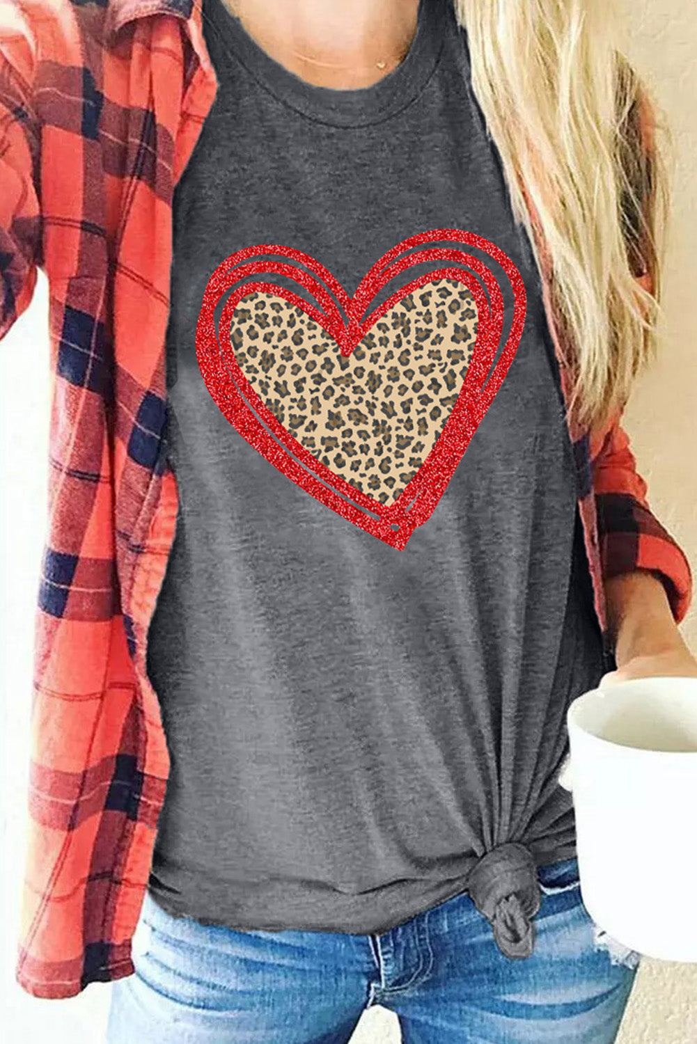 Gray Sequin Leopard Heart Graphic T-shirt