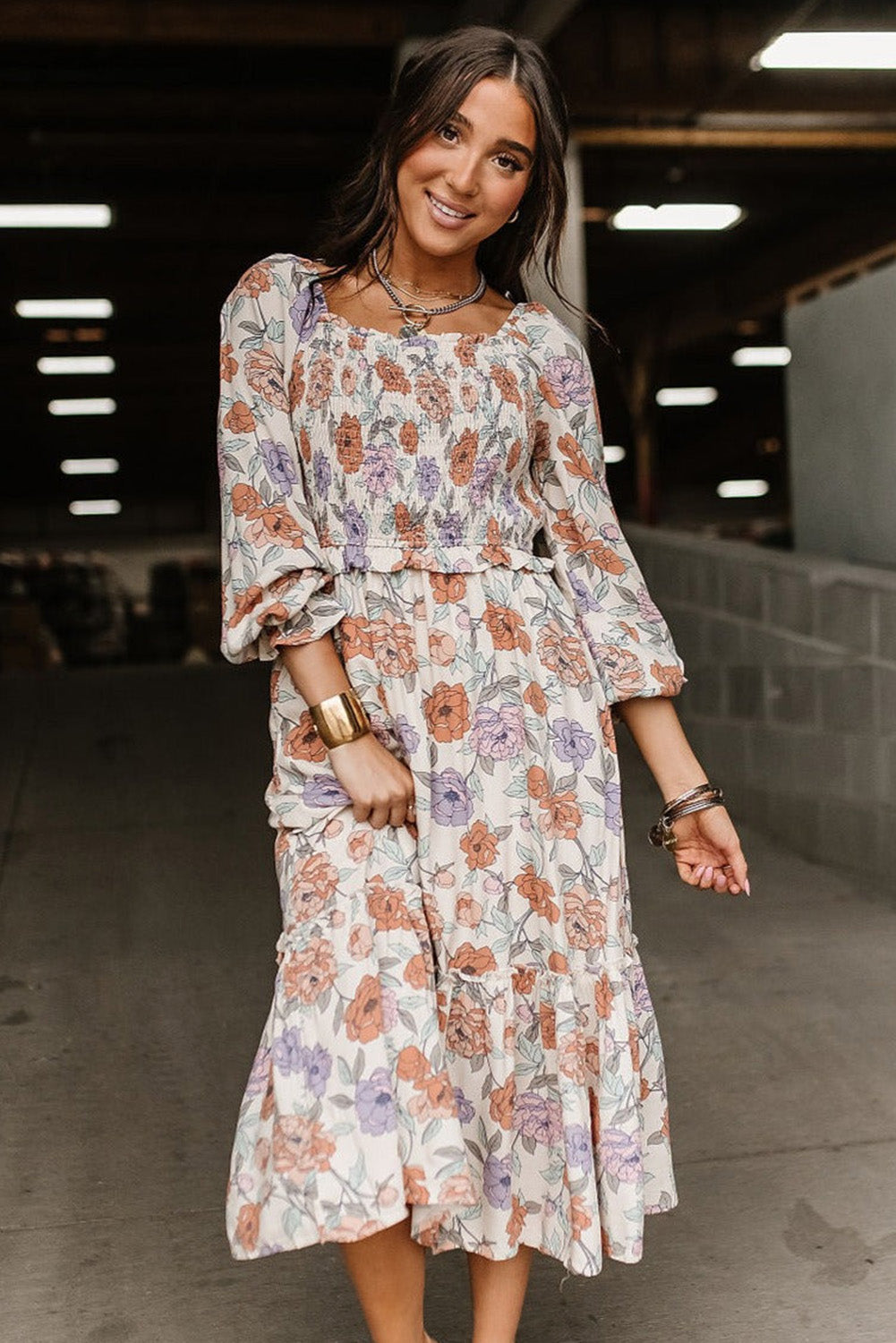 Floral Smocked Long Sleeve Pocketed Dress | Multicolour