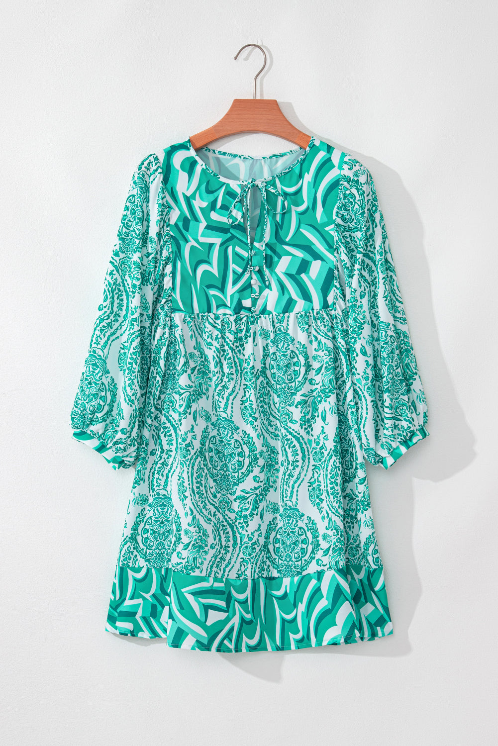 Bohemian Print Puff Sleeve Tied V Neck Flared Mini Dress | Green