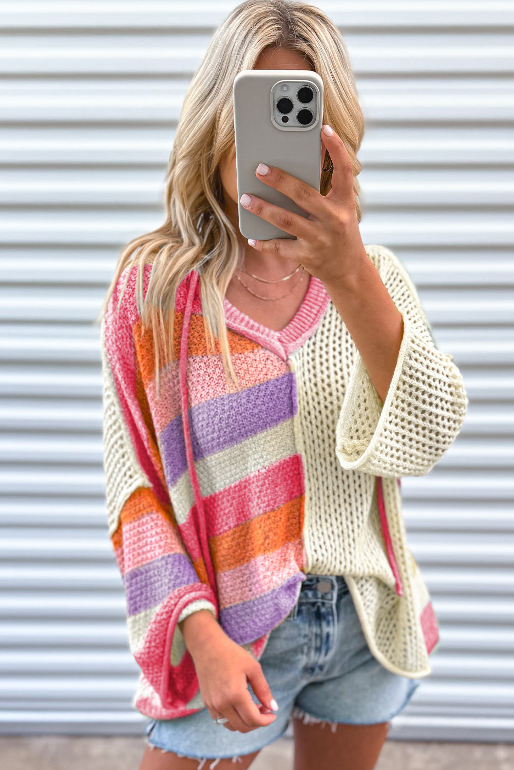 Oversized Colourblock V Neck Hooded Sweater | Pink