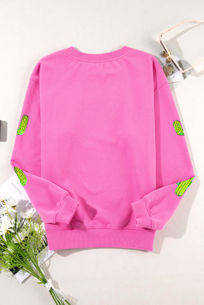 Sequined Cactus Pattern Crewneck Pullover Sweatshirt | Bonbon