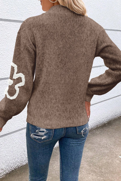 Contrast Flower Half Zipper Stand Neck Sweater | Parchment