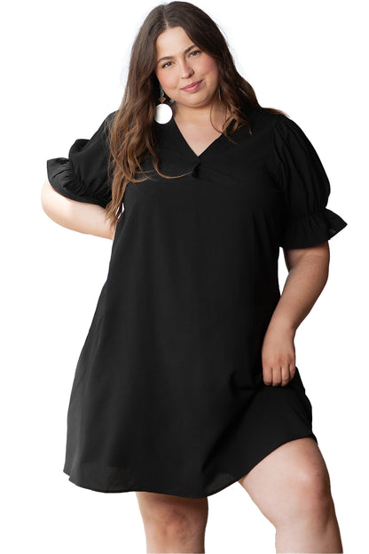 Solid Ruffled Puff Sleeve V Neck Plus Size Mini Dress | Black