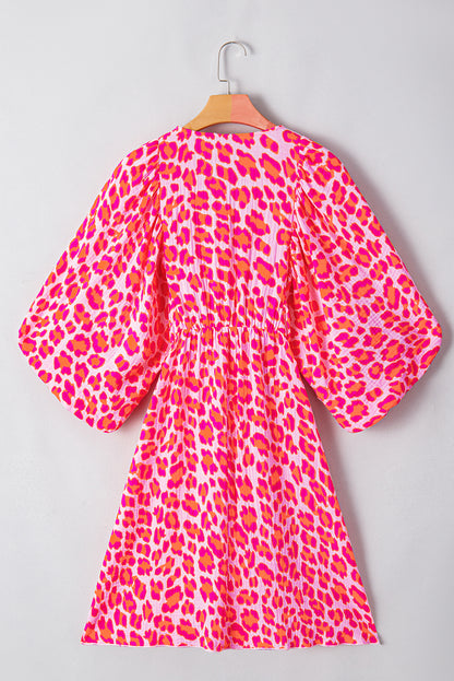 Leopard Print Elasticated V Neck 3/4 Puff Sleeve Dress | Pink