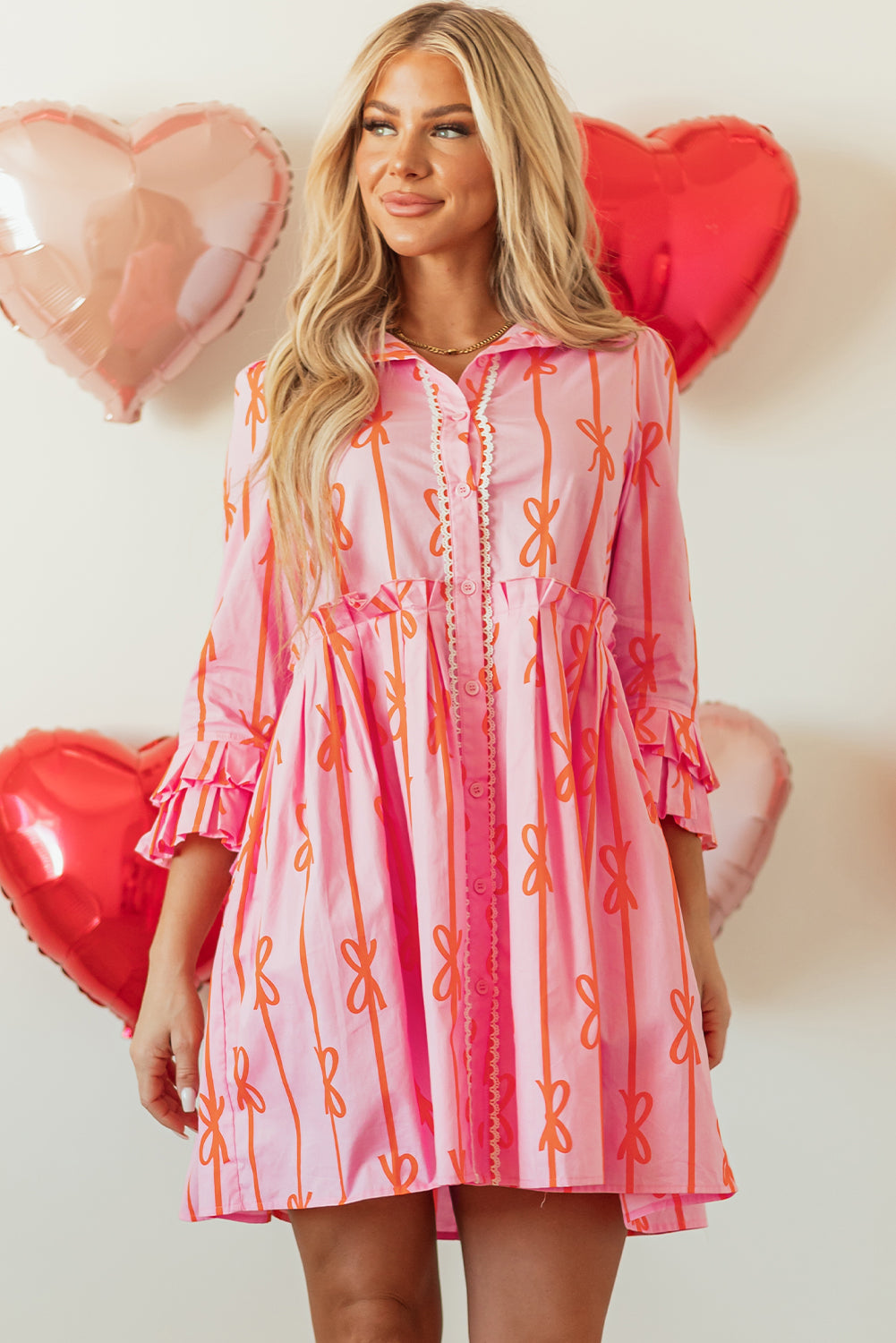 Bowknot Striped Printed Tiered Ruffled Mini Shirt Dress | Pink