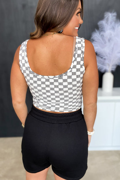 Checkered Print U Neck Cropped Tank Top | Black