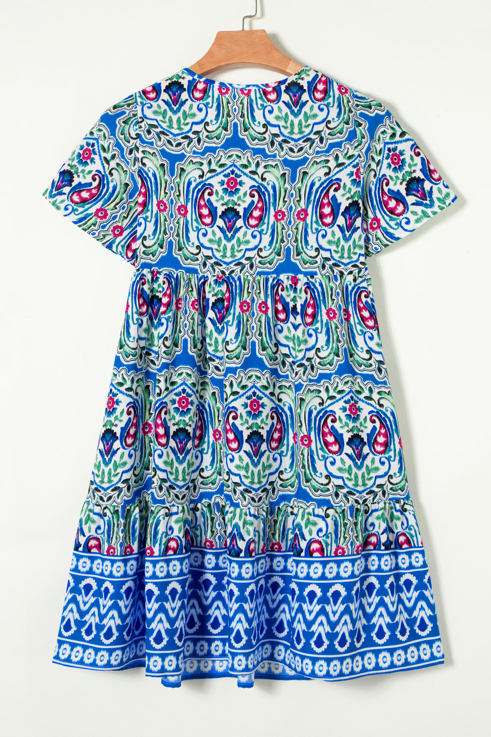 Bohemian Print Tie Neck Ruffle Hem Short Dress | Sky Blue