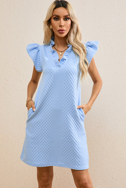 Textured Puff Sleeve Ruffled V Neck Shift Mini Dress | Light Blue