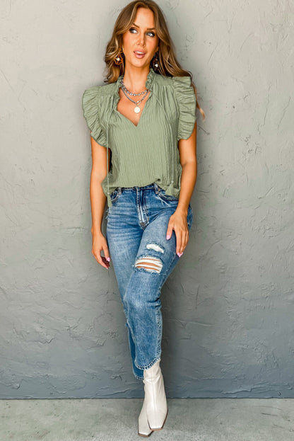 V Neck Flutter Sleeve Textured Blouse | Meadow Mist Green