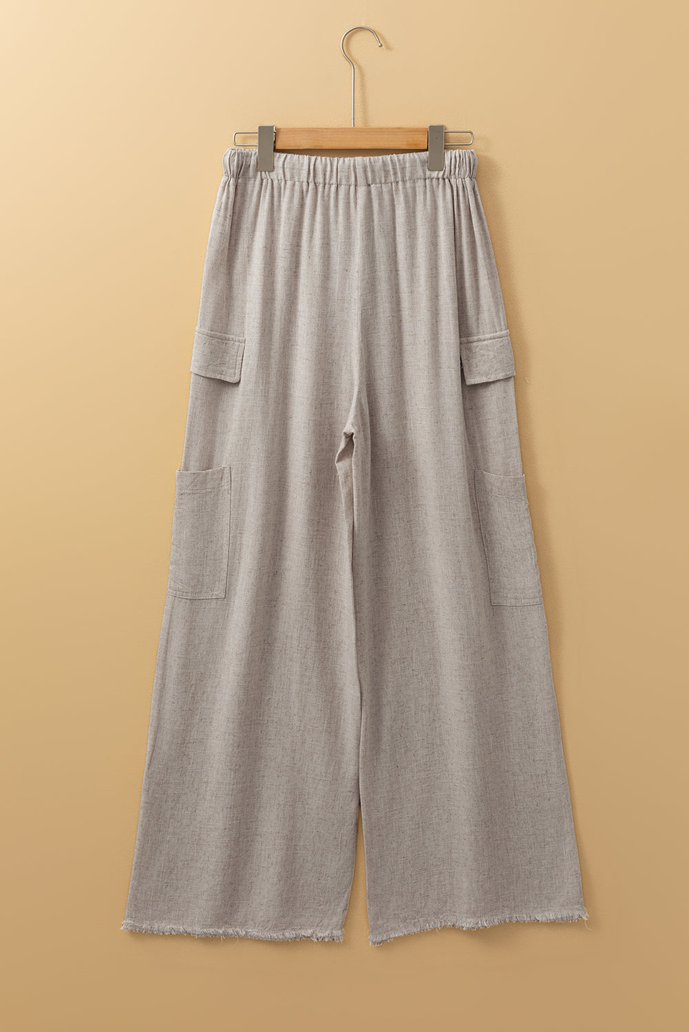 Boho Linen Drawstring Waist Raw Edge Cargo Loose Pants | Beige