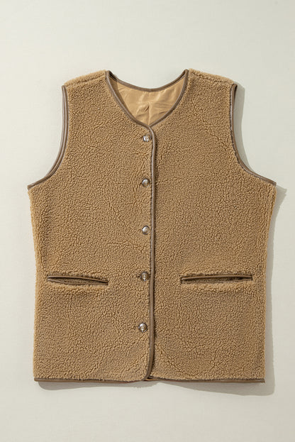 Leather Contrast Side Pockets Buttoned Fleece Vest | Camel