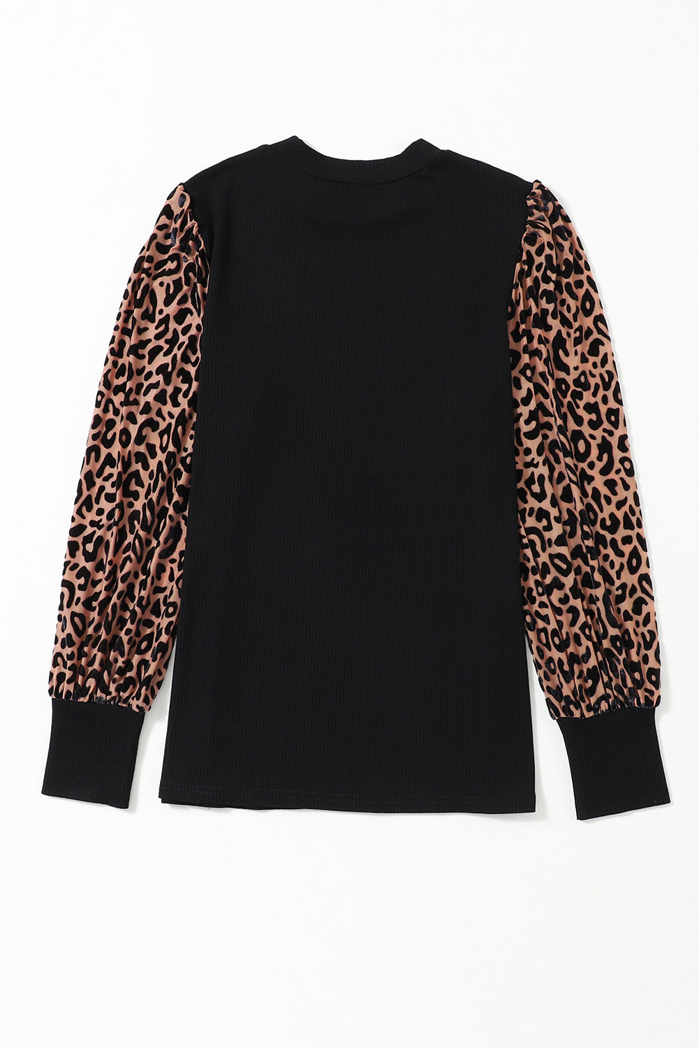 Leopard Print Long Sleeve Ribbed Knit Blouse | Black