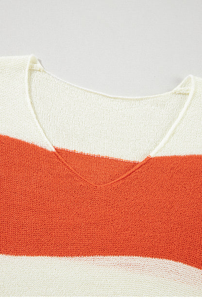 Loose Colour Block Drop Shoulder Bubble Sleeve Sweater | Orange Stripe