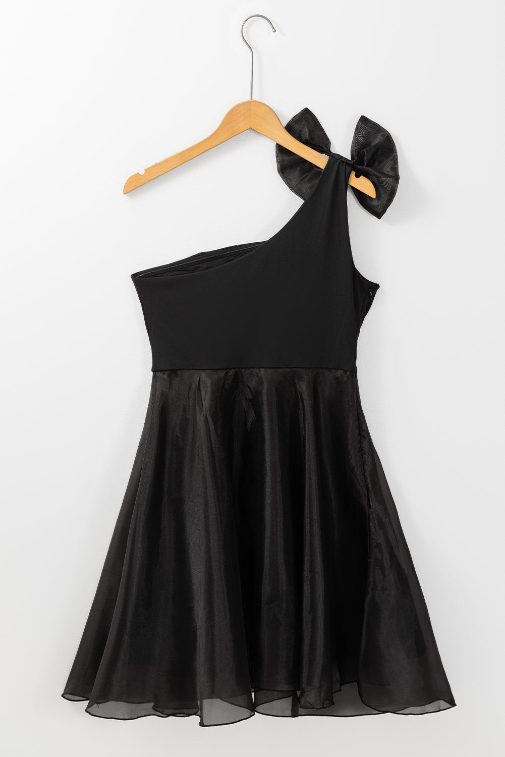 Bowtie One-Shoulder Tulle Overlay Skater Dress | Black