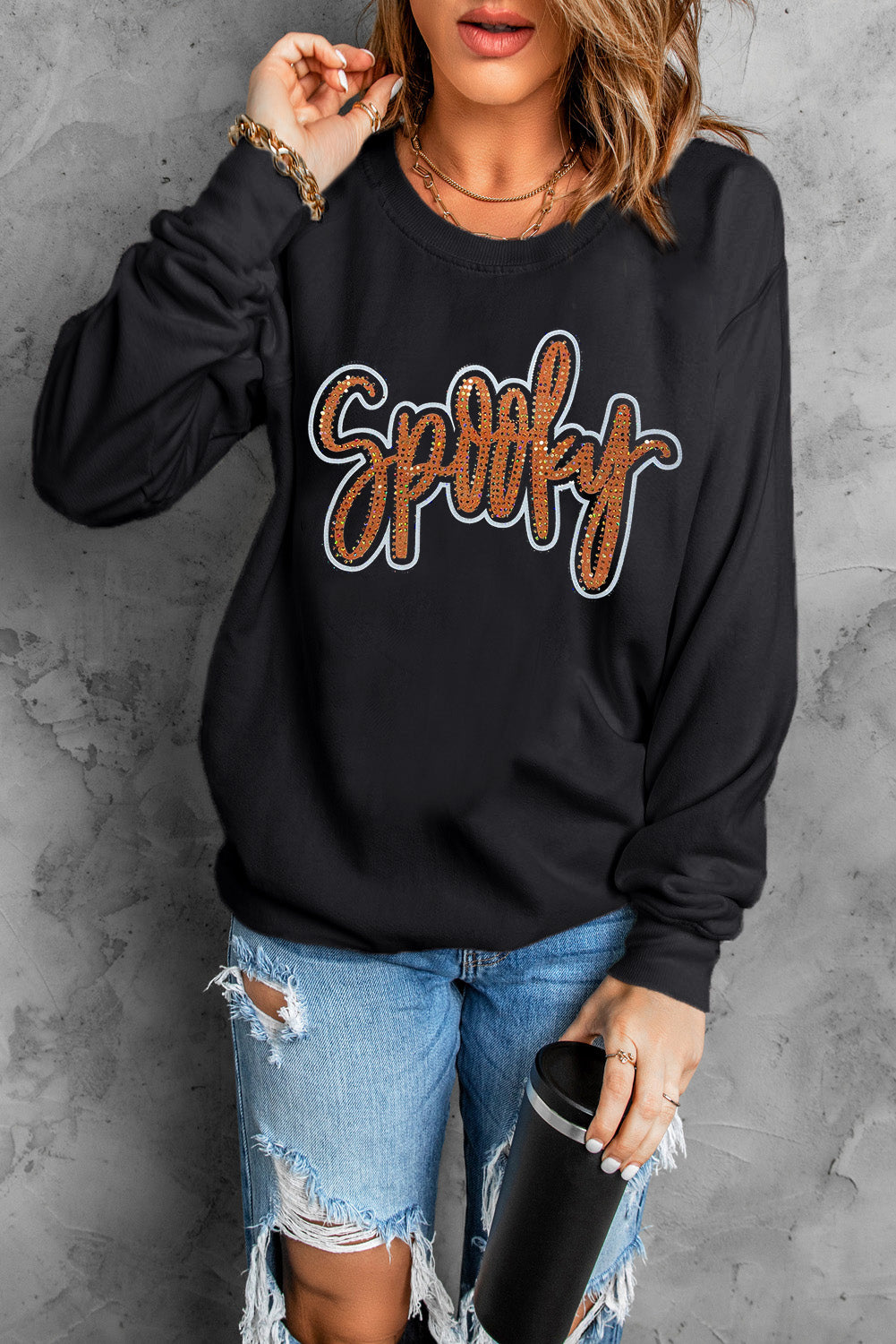 Spooky Rhinestone Drop Shoulder Graphic Sweatshirt | Black